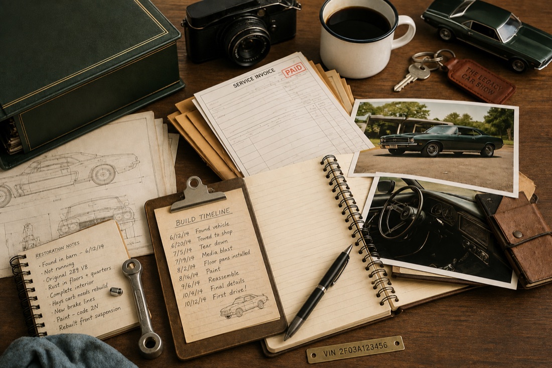 A restorer's desk: handwritten restoration notes and a dated build timeline, a paid service invoice, photos of the finished car inside and out, and the vehicle's VIN plate.