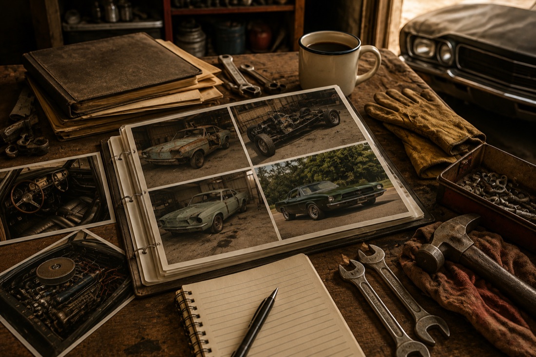 A photo album open to a four-frame sequence of one build — rusted shell, bare chassis, primed body, finished car — beside separate photographs of its interior and engine bay.