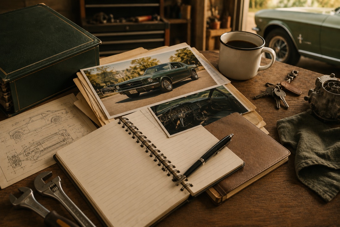 A garage workbench: an open notebook still blank, beside photographs of a restored classic car, its blueprints and the car itself in the doorway.