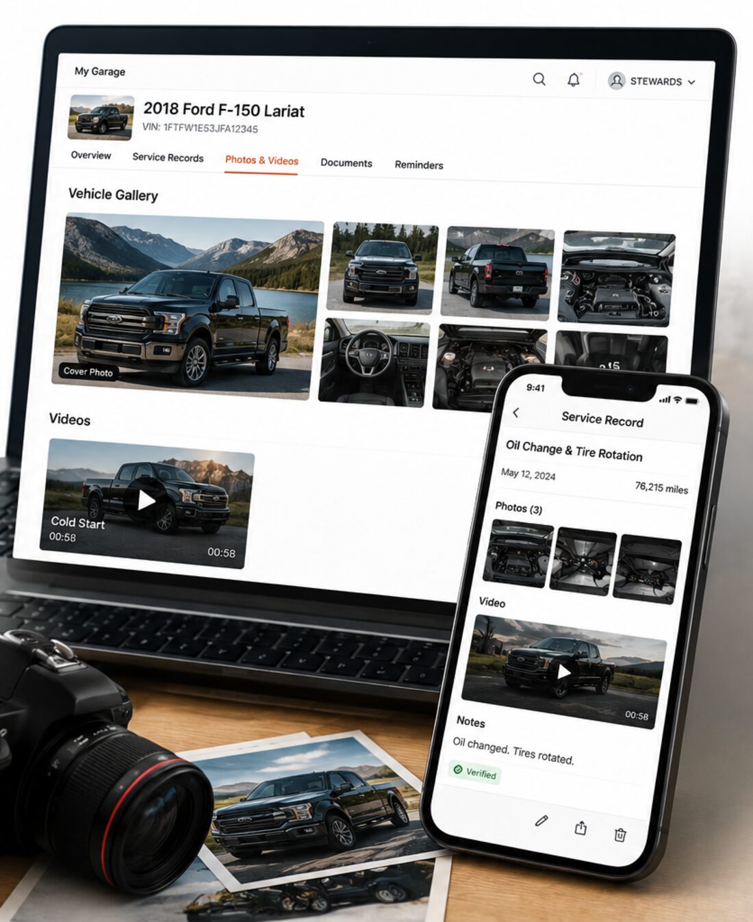 A laptop showing a vehicle's photo gallery and video beside a phone showing a single service record with its own photos attached.