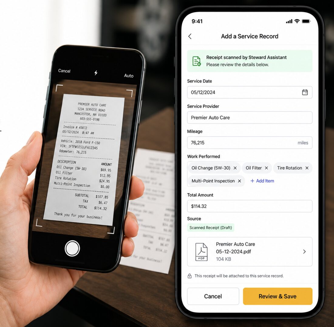 A phone photographing a paper service receipt beside a second phone showing the Add a Service Record form already filled in with the date, shop, mileage, and work performed.