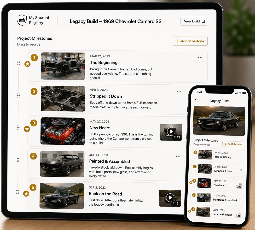 A tablet showing a vehicle's records in one chronological list, each entry with its date, a headline, a short description, and a photo or short video of the work.