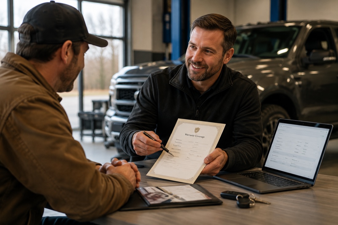 A shop advisor at the service counter walking an owner through a printed warranty coverage document, with the same coverage being entered on a laptop beside them.