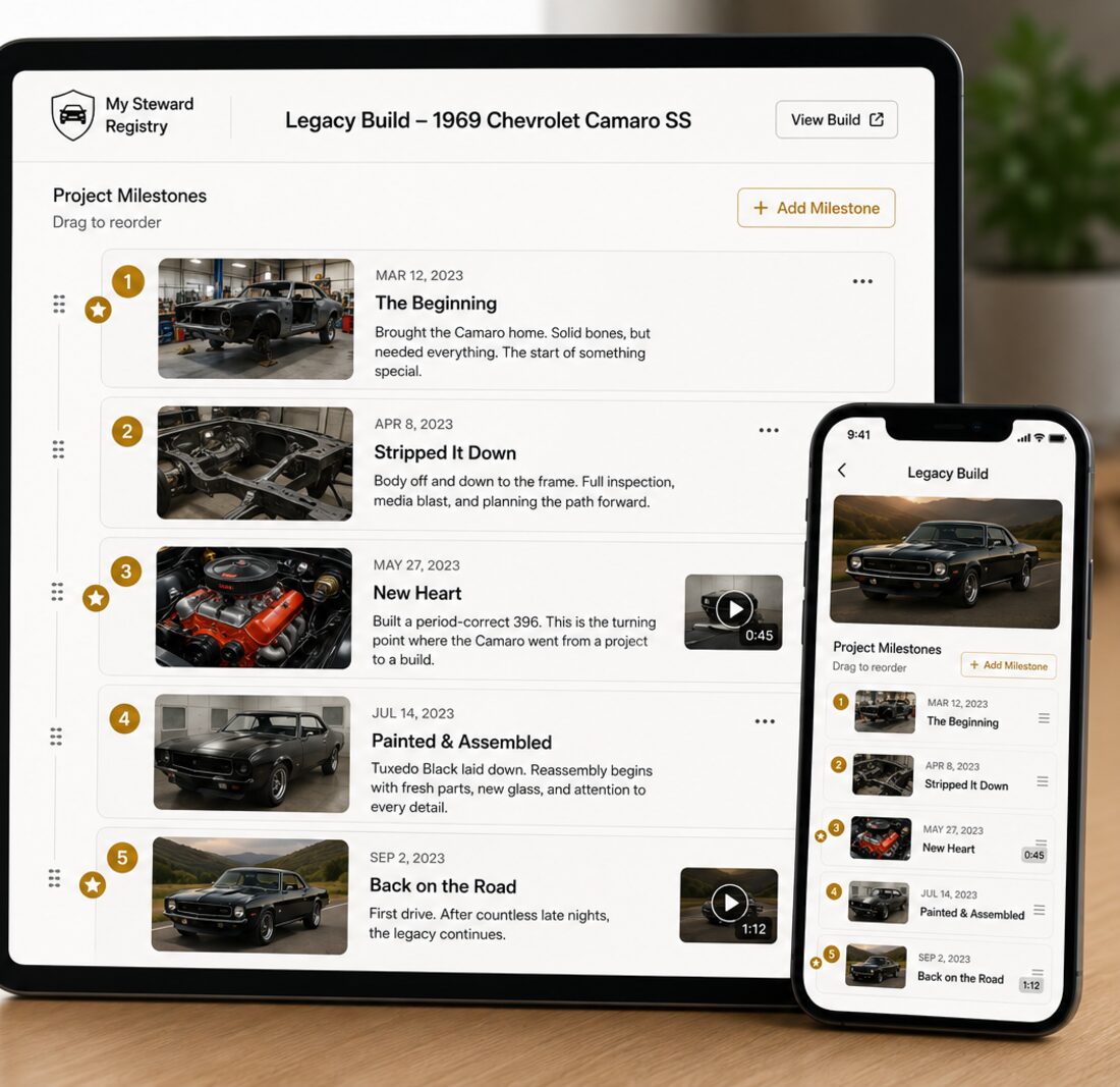 A tablet showing a Camaro restoration broken into five dated milestones, each with its own photo and description, with a phone showing the same sequence.