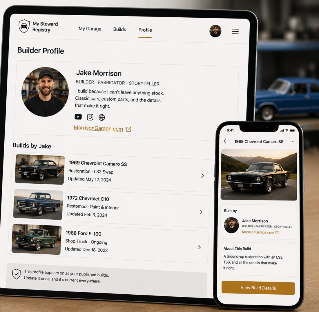 A tablet showing a builder's profile with their bio and link above the three builds they have published, and a phone showing the same credit on a build page.