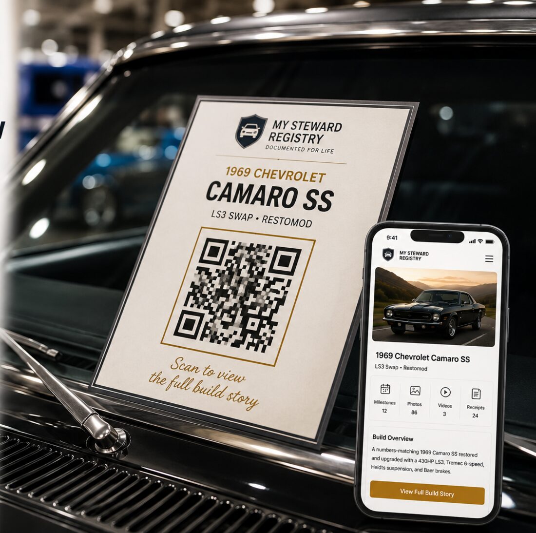 A printed show card propped on a Camaro's windshield carrying its branded QR code, beside a phone showing the build page that code opens.