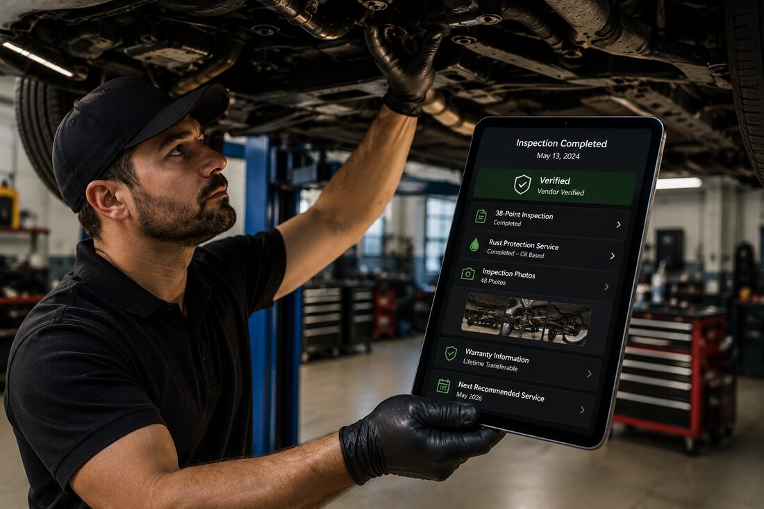 A technician working beneath a lifted vehicle, holding a tablet showing the completed inspection record for the work, marked as verified by the vendor.