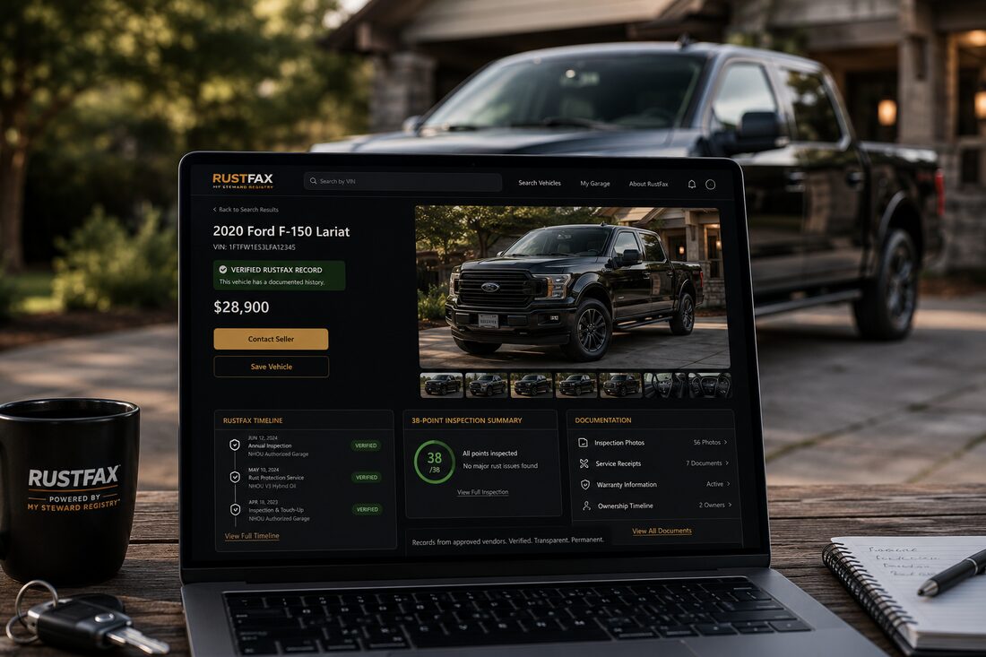 A laptop showing a truck's listing with its asking price, documented timeline, inspection summary, and a contact-seller option, the truck itself parked behind it.