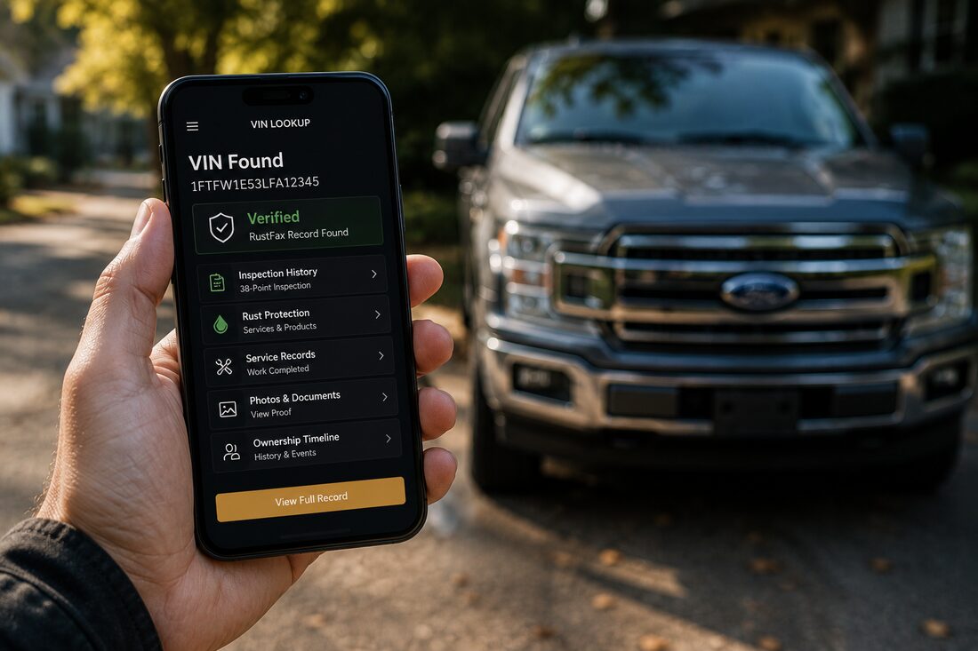 A phone held up in front of a parked pickup, showing a found VIN with its verified record: inspection history, rust protection, service records, photos and documents, and ownership timeline.